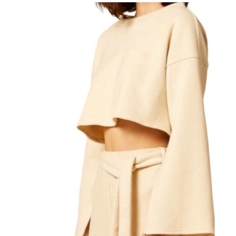 Choosy Cream Ribbed Knit Cropped Sweater Bell Sleeve Side Slit Large NWT